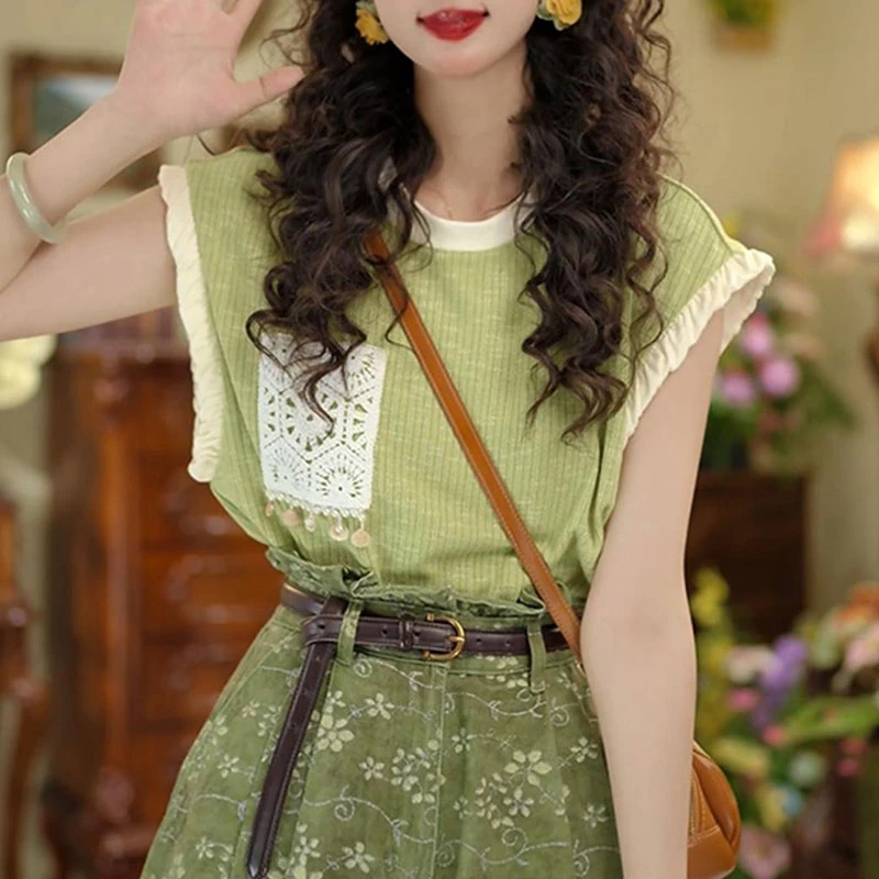 2025年夏季新款港风复古圆领无袖T恤女生宽松休闲百搭小个子上衣