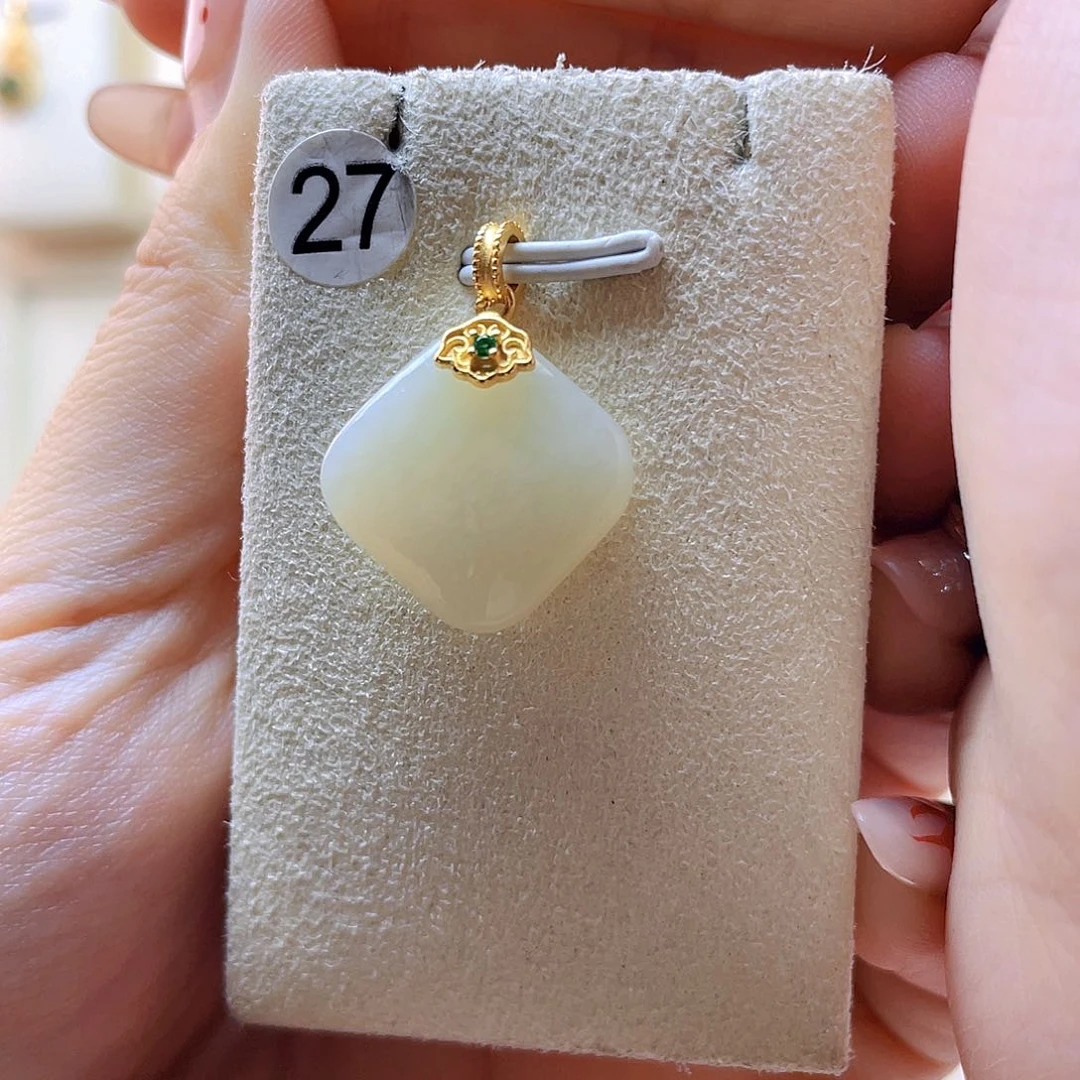 和田玉吊坠(赠链)银S925镀金镶嵌泉*