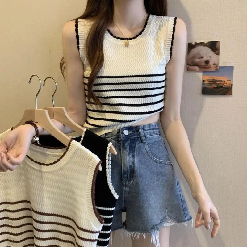 夏季外穿吊带微笑链条圆领针织背心辣妹无袖打底时尚百搭背心通勤