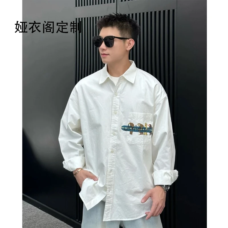 【时尚起易】潮流个性后背衬衫印花休闲百搭宽松排扣轻奢痞帅男装