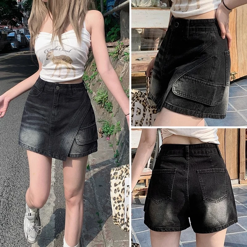 黑灰色工装牛仔裤裙女夏季薄款高腰假两件防走光a字包臀短裤短裙