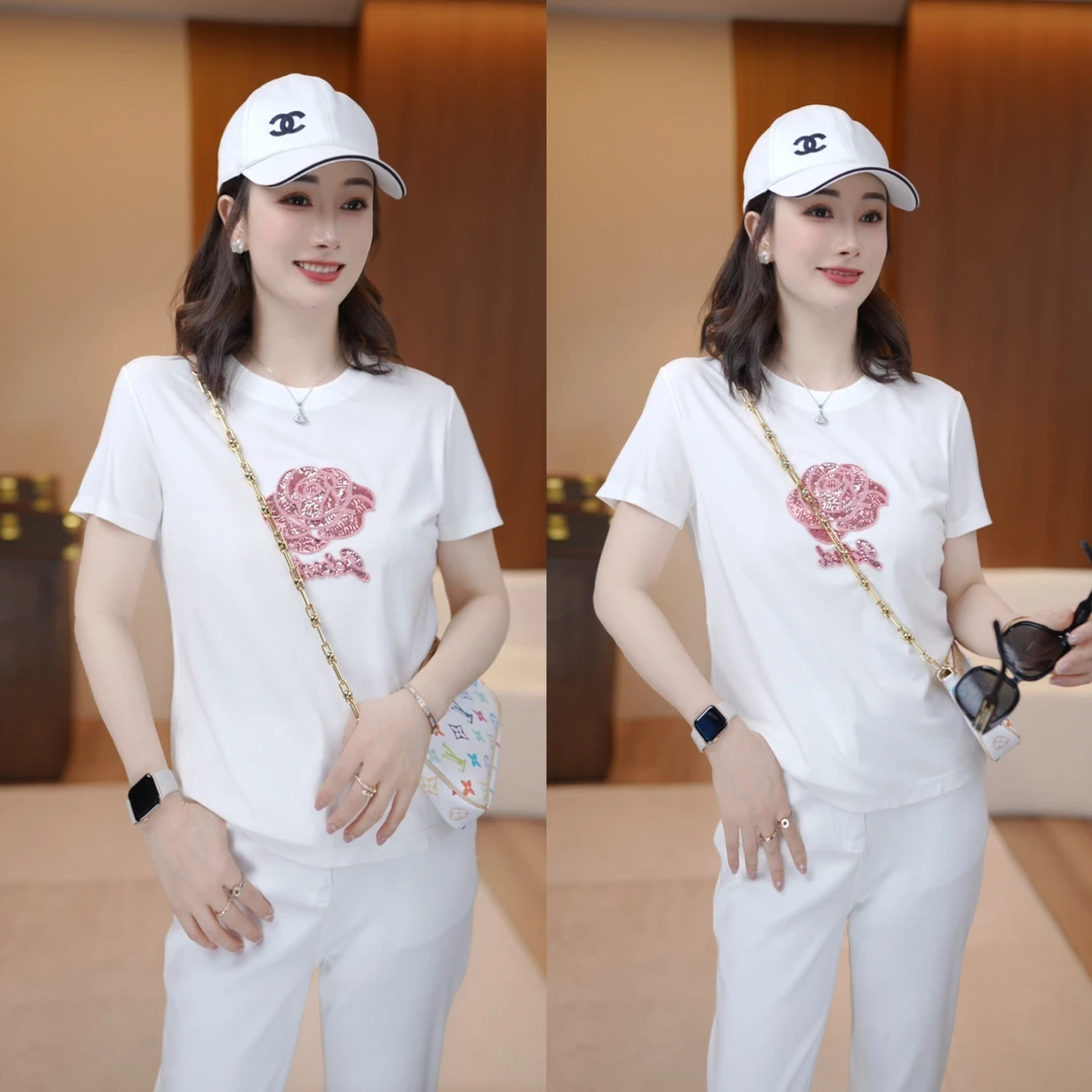 【玫瑰花】桑蚕丝重工亮片休闲百搭T恤XY253105