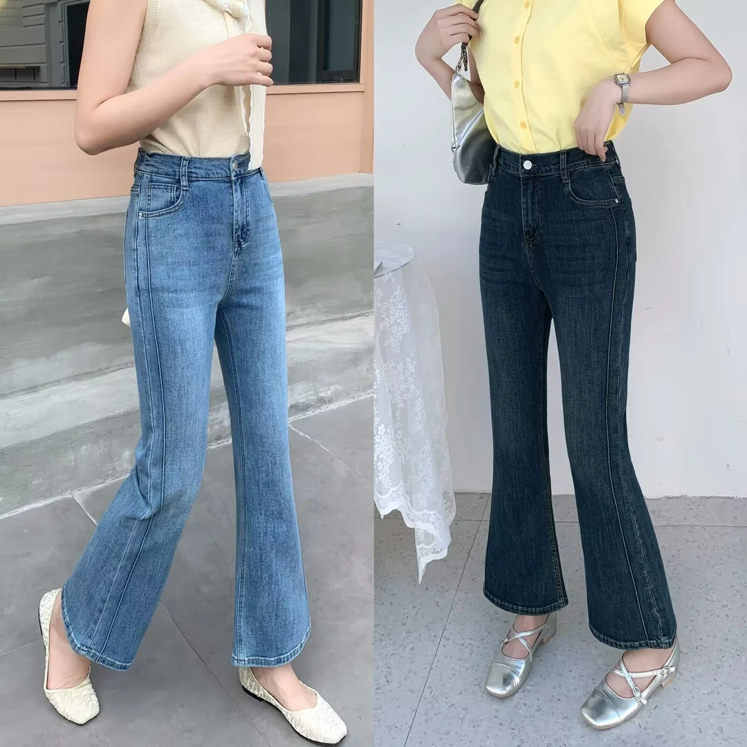 印语芩大码女装夏季新款时尚显瘦高腰弹力九分微喇侧线牛仔裤