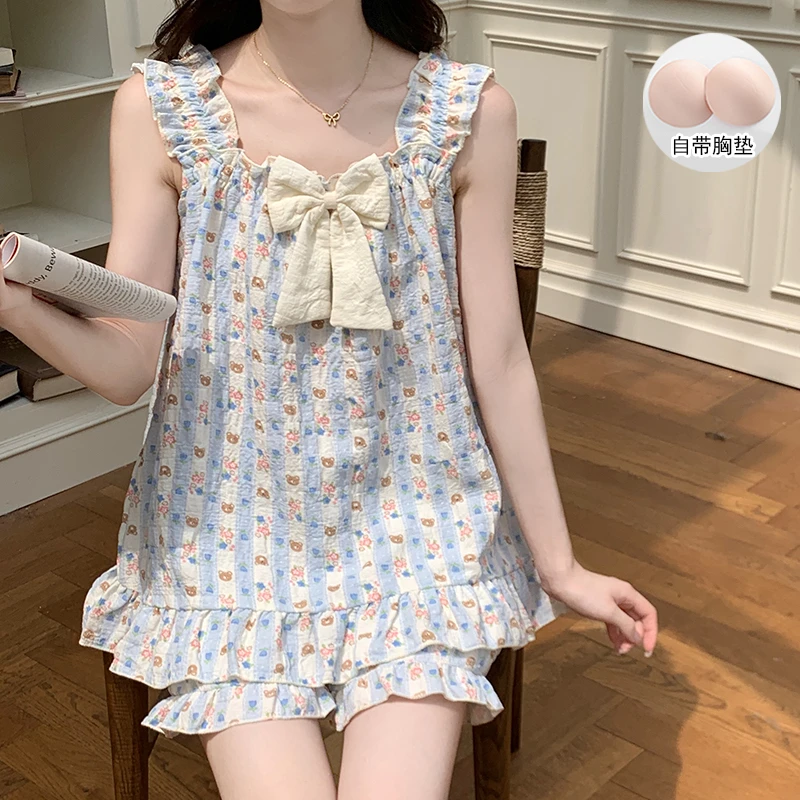 带胸垫吊带短裤睡衣女夏季薄款公主风网红爆款2025新款家居服套装