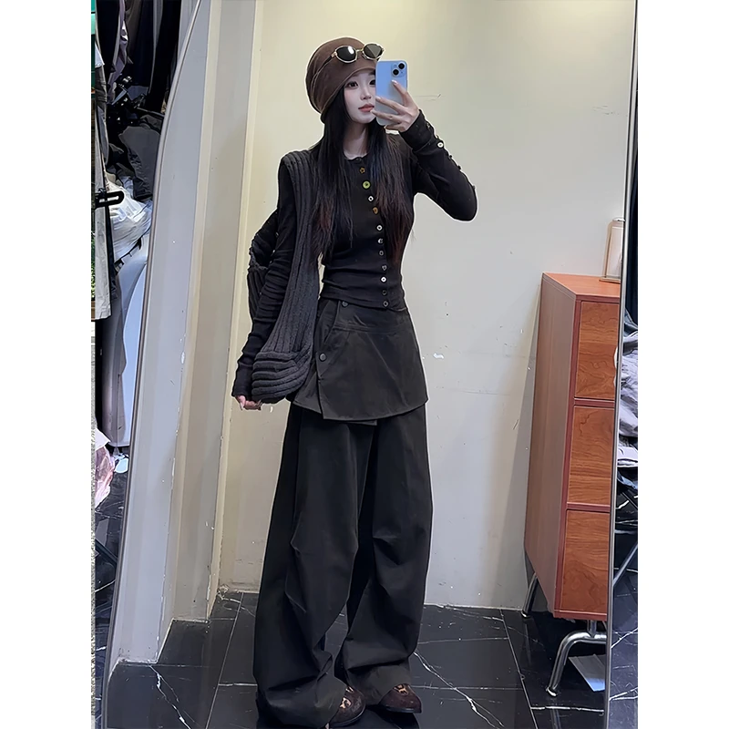 美式复古屁帘假两件休闲阔腿裤女秋季新款高腰显瘦直筒宽松工装裤