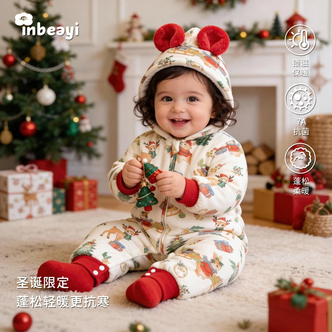 【圣诞限定款】婴蓓依婴儿冬季连体衣2026新款新生儿加厚外出服