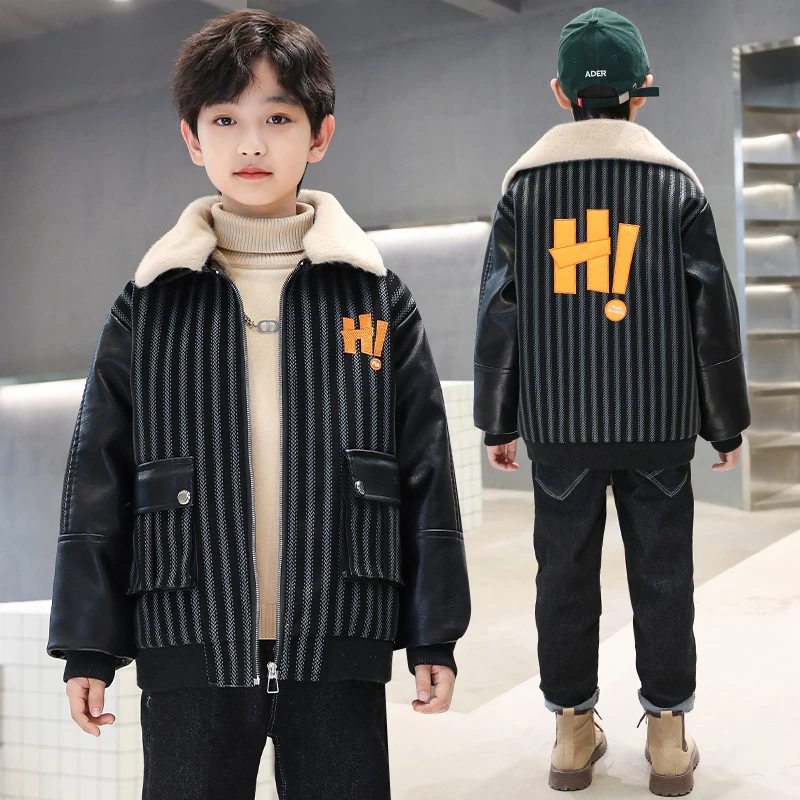 男童皮衣外套冬款2025年新款洋气男孩中大童韩版加绒加厚儿童夹克