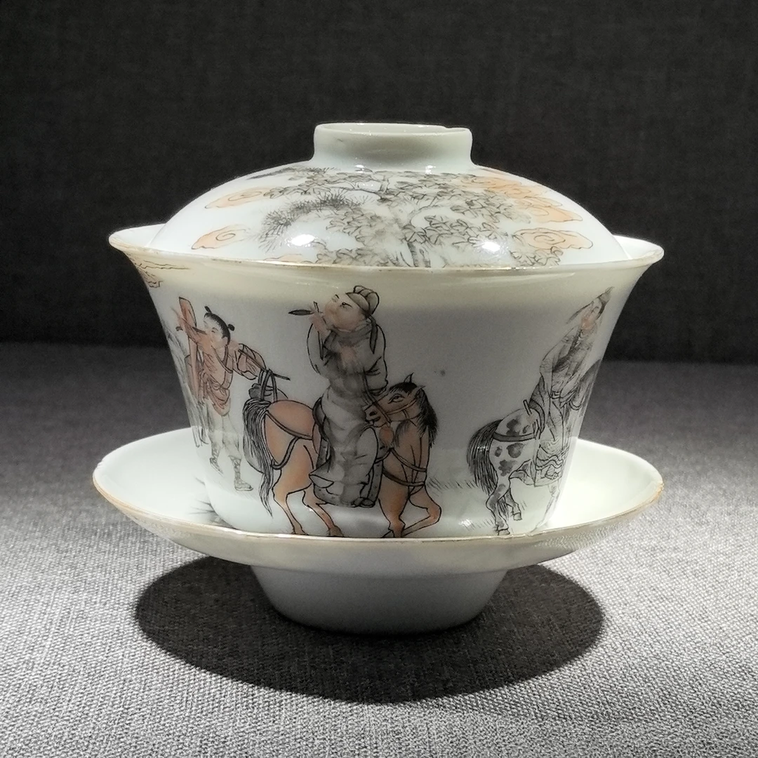 民国墨彩人物三才盖碗【古董拍卖】