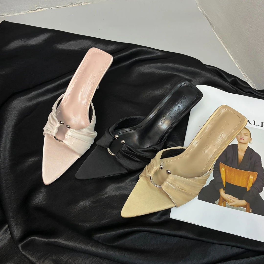 气质尖头细跟网纱凉鞋百搭简约高跟鞋拖鞋女