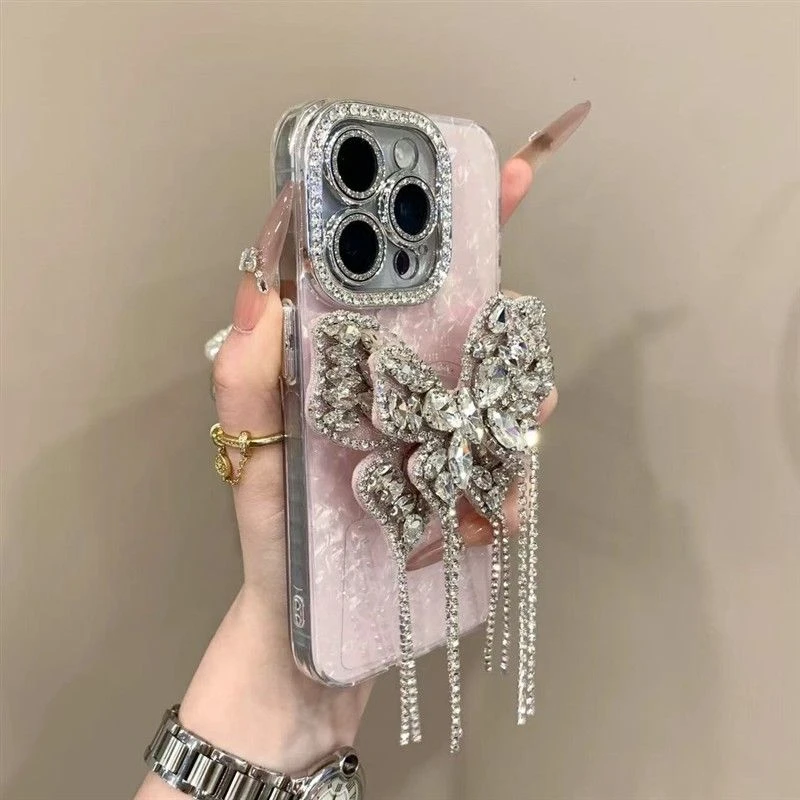 轻奢闪钻爱心蝴蝶支架适用苹果16ProMax手机壳iPhone15pro贝壳纹