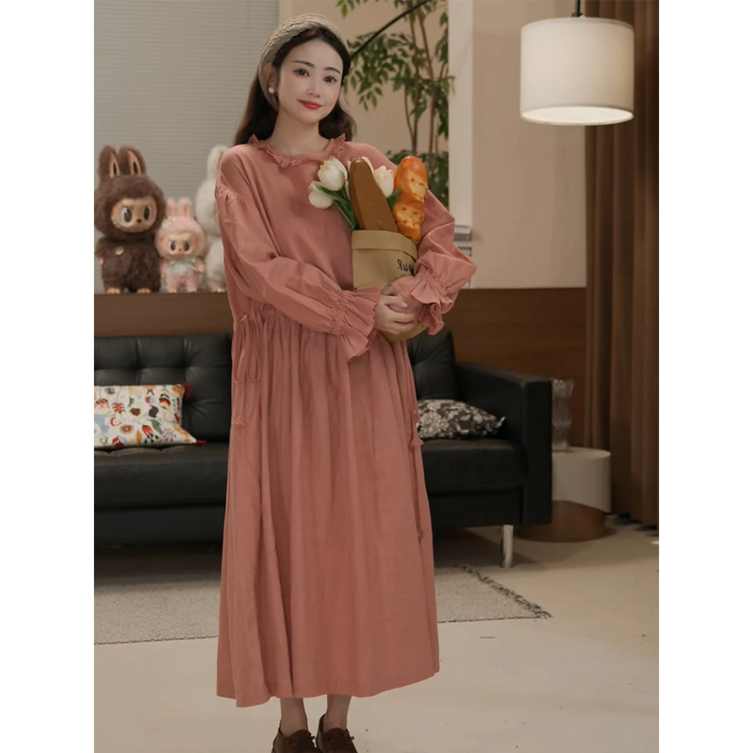 九月Oni【橙香】棉麻连衣裙女秋季新款复古宽松裙子D105A25