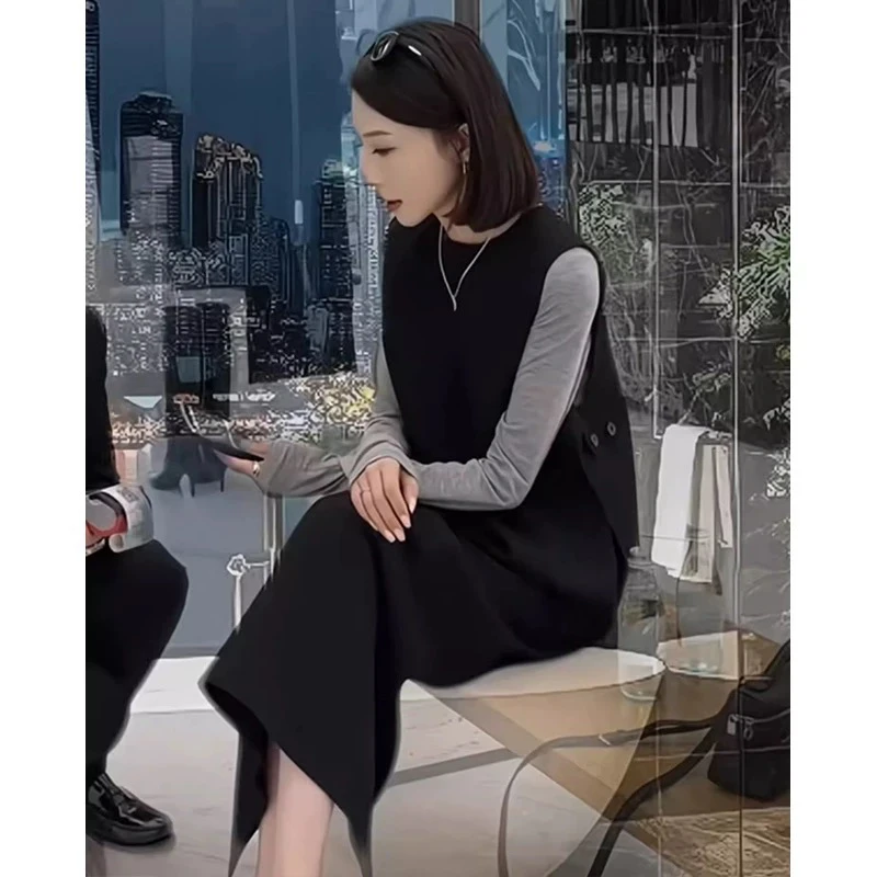 秋季新款优雅气质无袖马甲上衣搭配高腰大码三件套半身裙套装显瘦