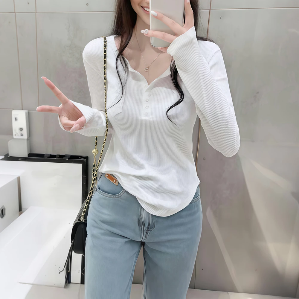早秋季新款v领小众纯色长袖t恤女设计感弧形下摆螺纹上衣修身时尚