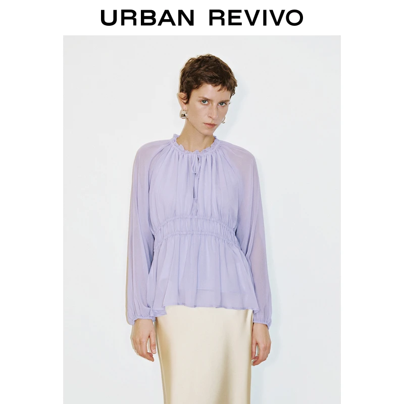 UR2025春季新款女装欧若风木耳边抽褶收腰长袖罩衫衬衫UWM250033