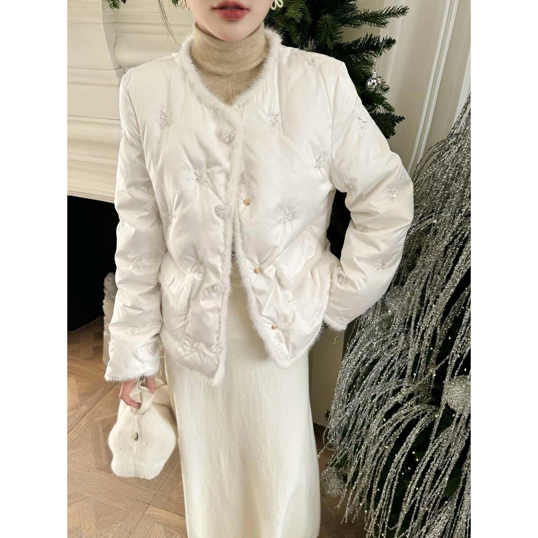清98955 新中式羽绒服女冬高端刺绣国风提花水貂毛拼接羽绒服外套
