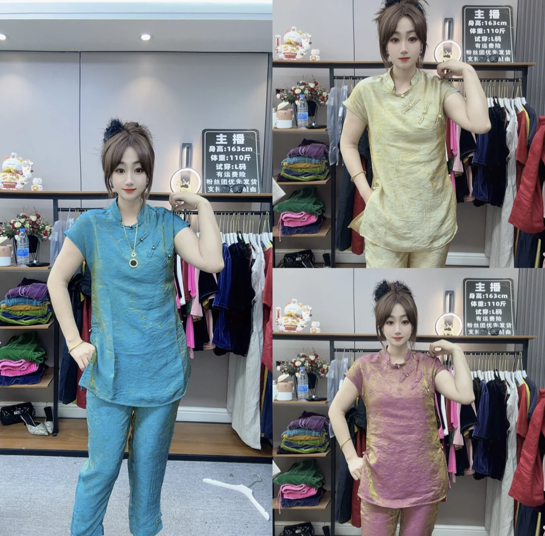 DD-888新中式立领无袖七彩琉璃纱套装斜襟宽松套装