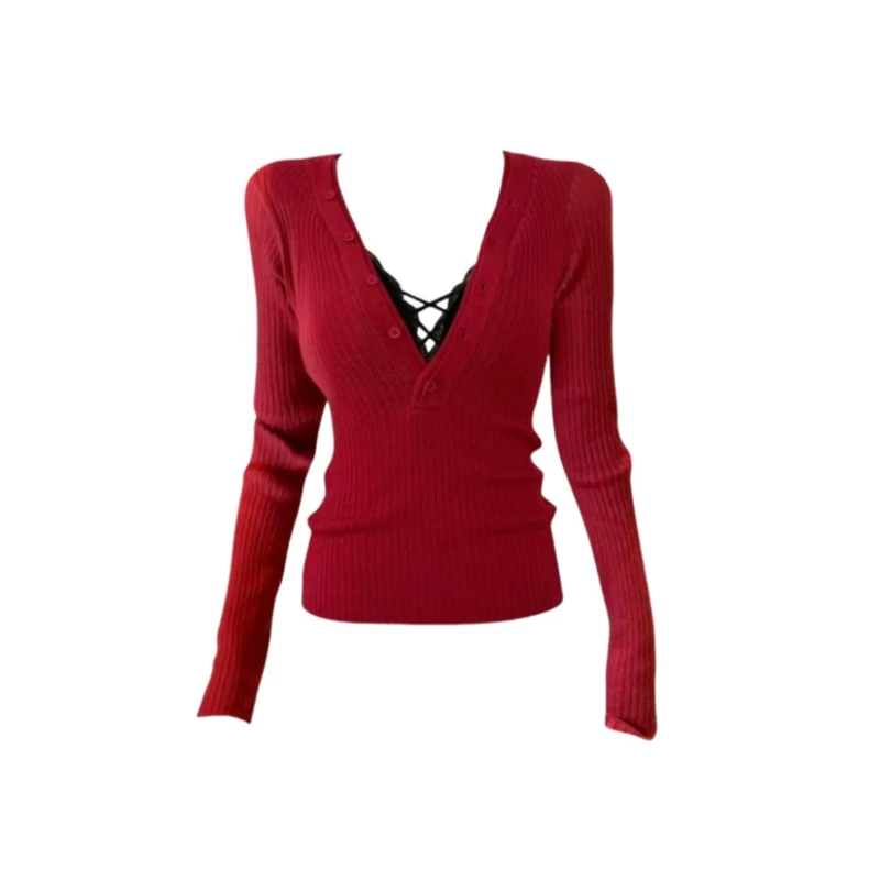 红色氛围感bm风深v领长袖针织衫女秋冬辣妹小心机纯欲风气质上衣