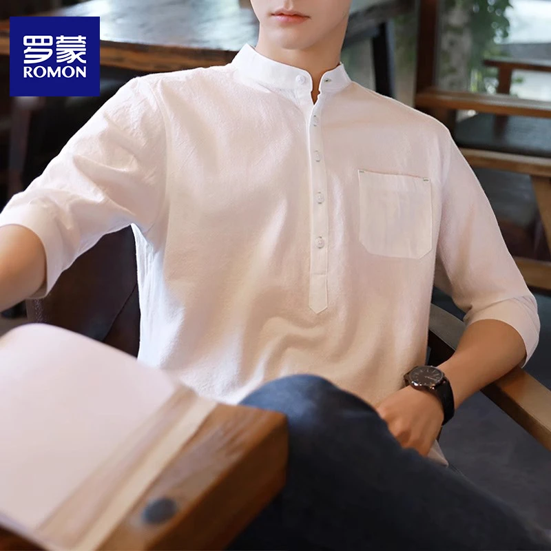 罗蒙七分袖衬衫男夏季重磅亨利领短袖男士2025新款休闲中袖T恤衫