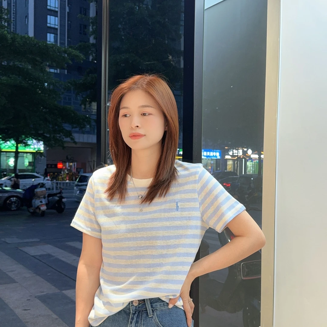 萱萱【条纹短袖】新款正肩刺绣标条纹短袖上衣583288 051903