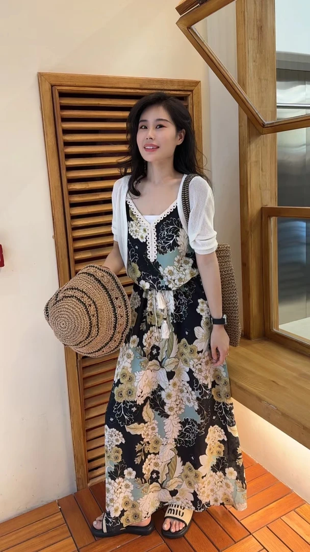 Miss huo 复古碎花连衣裙 A杏绿色 2091