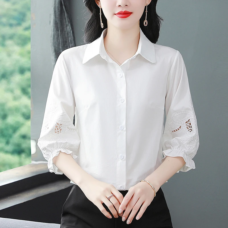 纯棉衬衫女夏季新款时尚洋气七分袖衬衣宽松百搭绣花上衣女