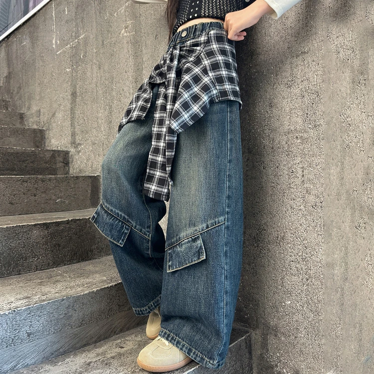 女大童秋装牛仔裤洋气初高中生青少年直筒裤炸街潮范百搭休闲裤子