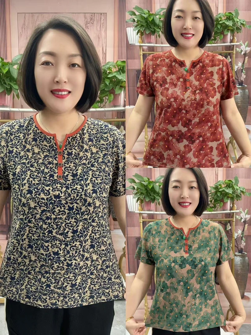 新款休闲半袖妈妈装小花衫