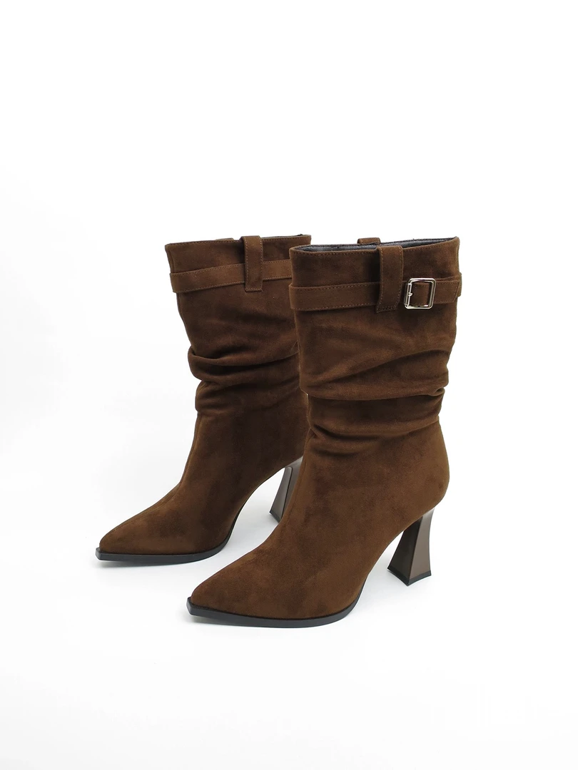 秋冬新款气质尖头粗跟时装靴韩版高跟中筒弹力靴加绒褶皱堆堆靴女