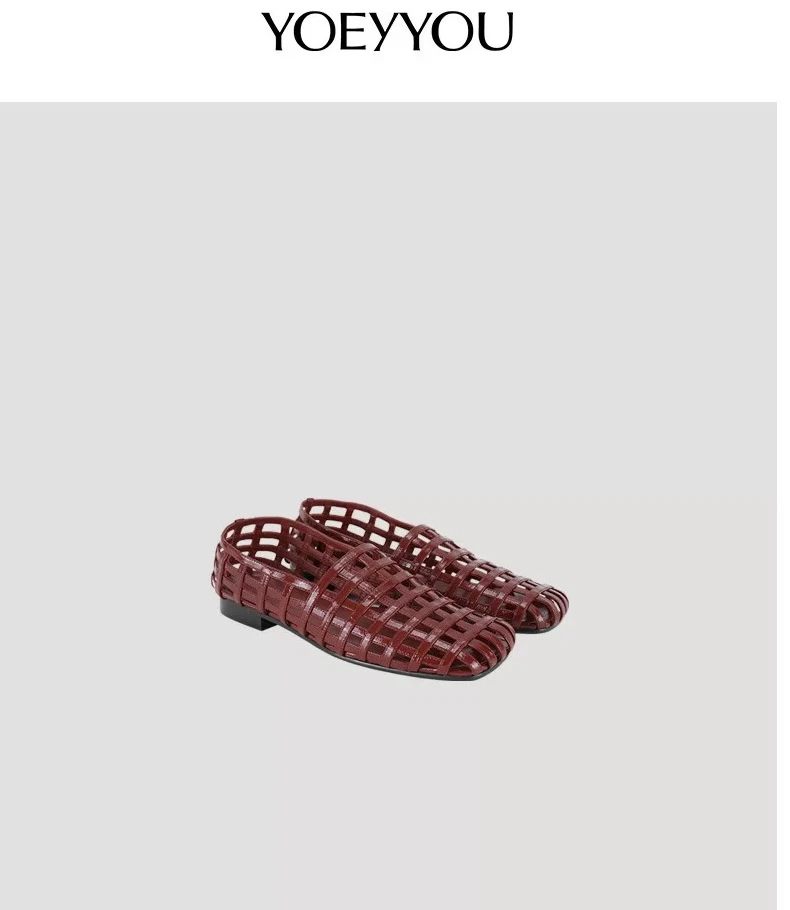 YOEYYOU皮革凉鞋女25春季新品设计师品牌时尚复古镂空红色网格鞋