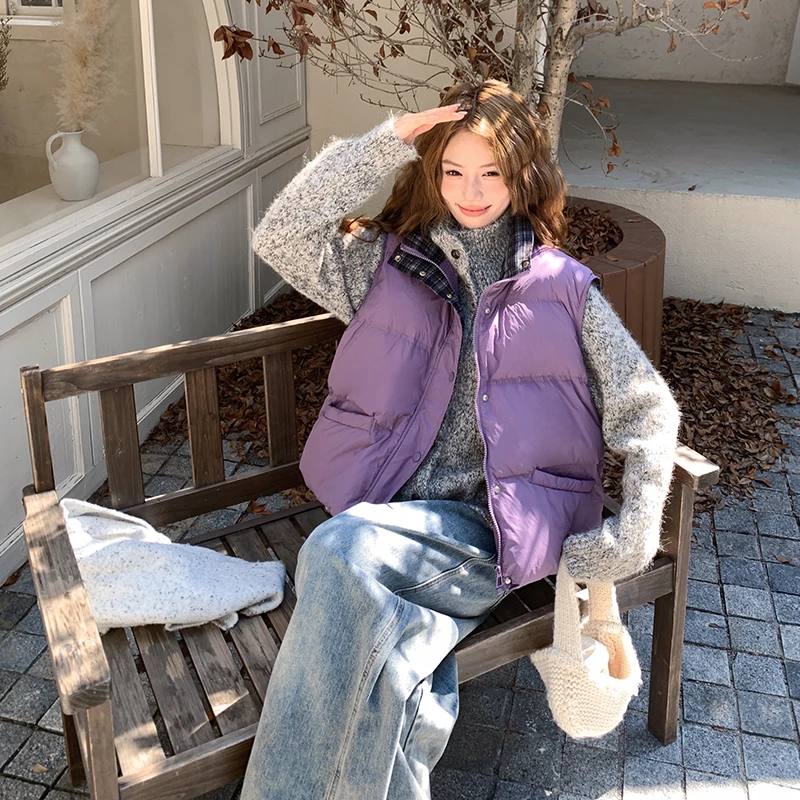 2025秋季背心立领拼接撞色格子设计休闲韩系百搭羽绒马甲女外穿