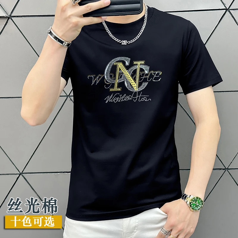 夏季轻奢男士短袖t恤烫钻字母时尚薄款圆领透气潮牌黑色印花上衣
