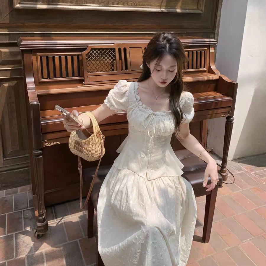 大码女装法式复古绣花边泡泡袖上衣半身长裙11408