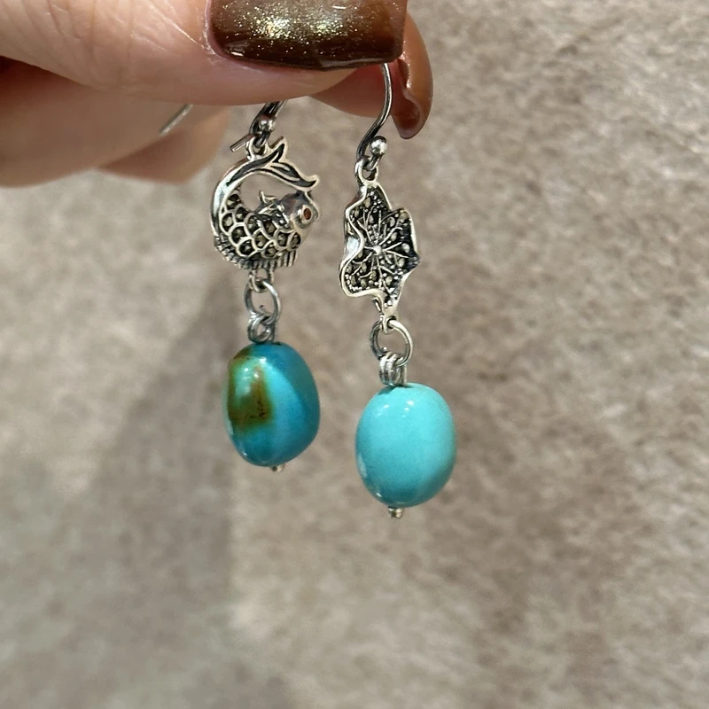 925银耳饰 <秋梦>E25721随型绿珠荷叶锦鲤耳钩耳饰 AB款多样性发