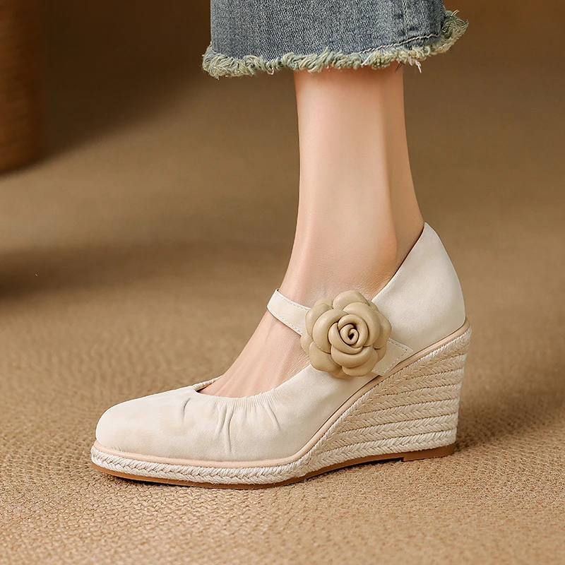 8.5cm小个子舒适厚底坡跟鞋2025秋季新款褶皱圆头浅口玛丽珍单鞋