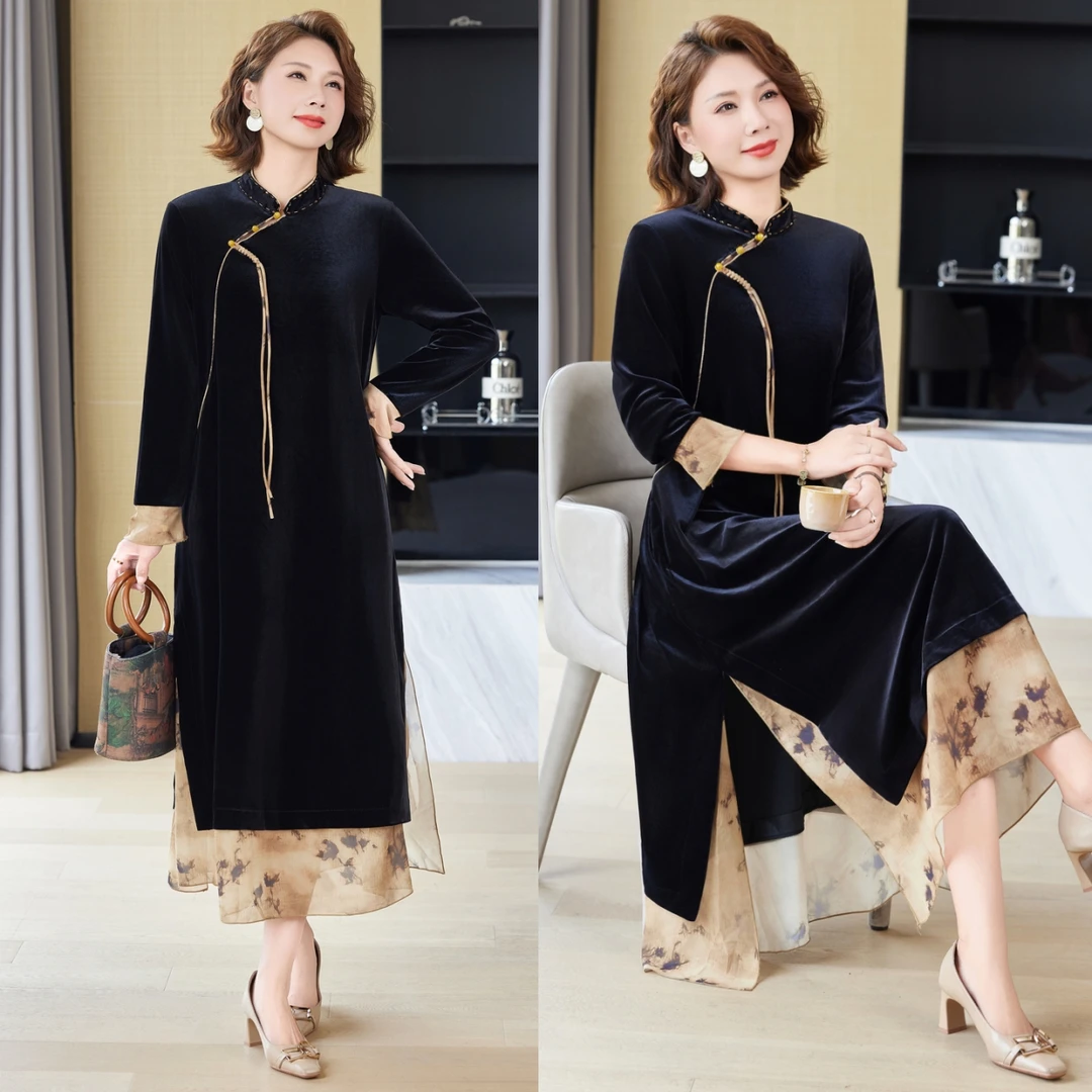 新中式妈妈秋装金丝绒连衣裙2025新款中老年女春秋国风改良旗袍裙