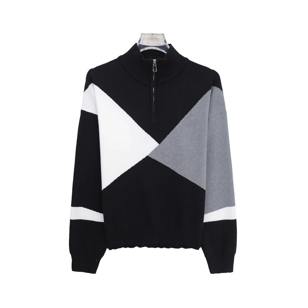 韩系时尚高端重工撞色上衣高级立领慵懒风毛衣X3077