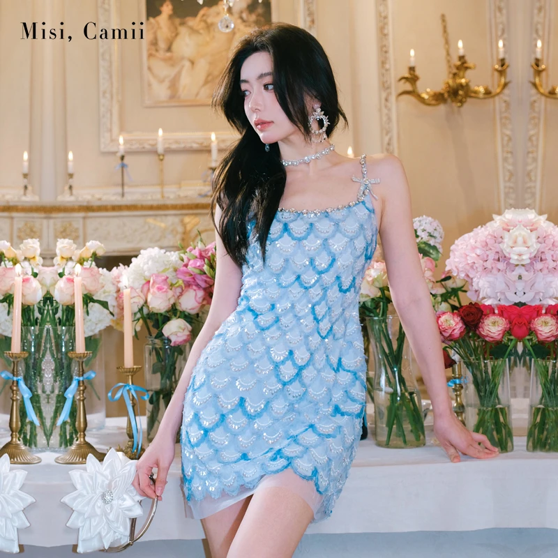 Misi,Camii2024夏季新款轻奢钻饰珠片绣花吊带礼服裙高级感连衣裙