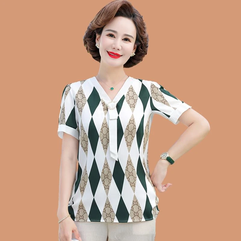 中年妈妈夏装洋气两件套装新款中老年女时尚雪纺恤短袖上衣