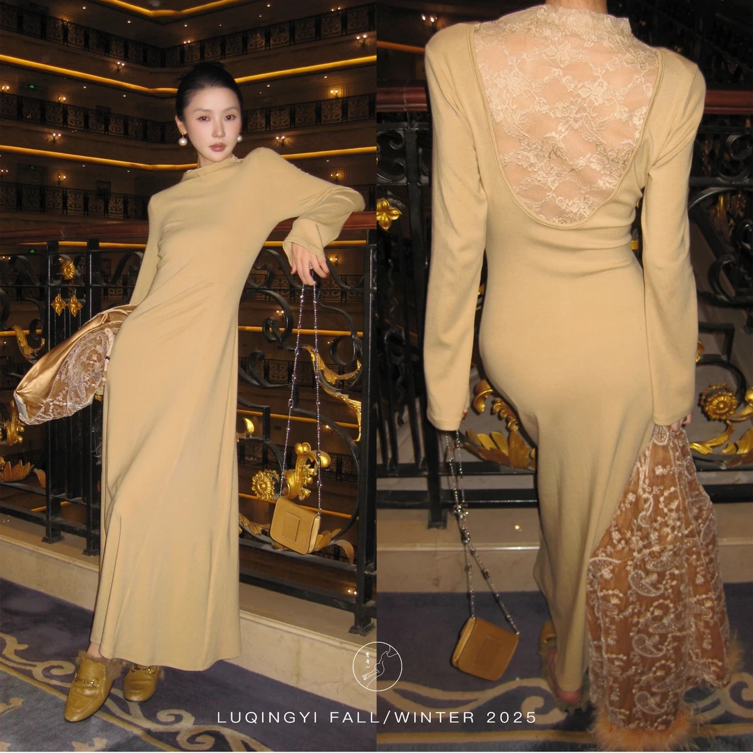 【韫玉】莫代尔棉针织连衣裙女秋冬蕾丝拼接半高领长裙