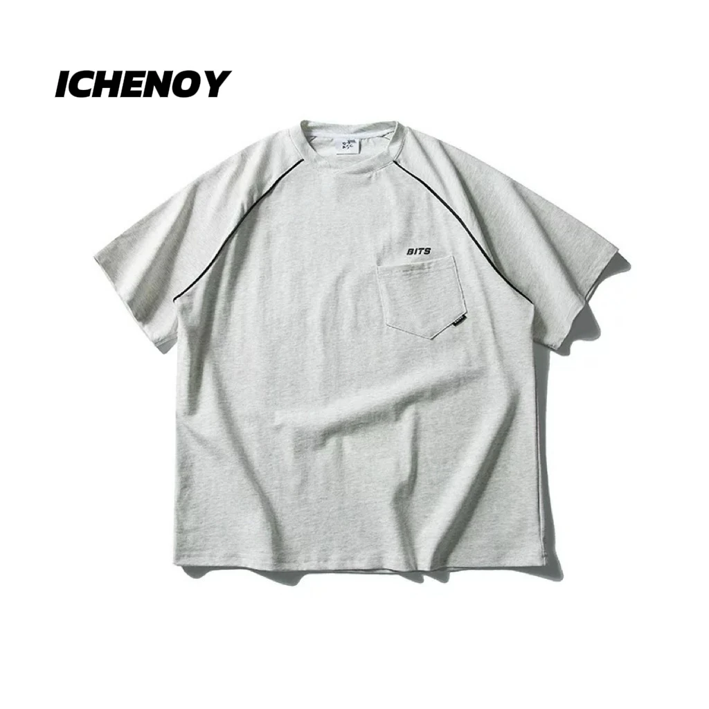 【大集】美式复古街头插肩袖口袋圆领T恤男女宽松潮流短袖T049