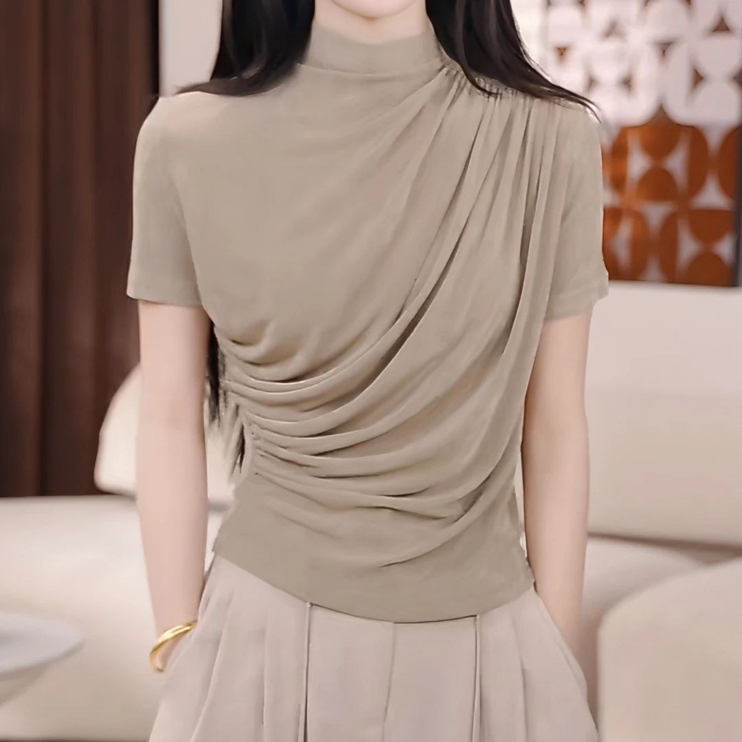 【温柔陷阱】不规则褶皱立领短袖T恤女2025夏季新款小众设计感上衣