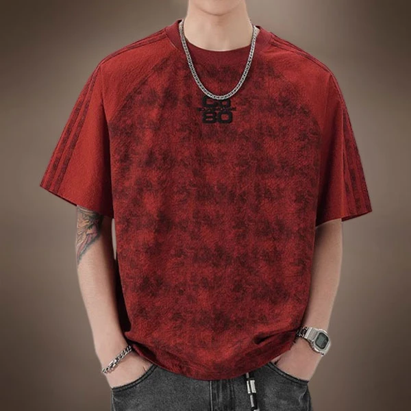 夏季潮牌条纹圆领短袖t恤男插肩恤冰丝速干泡泡纱休闲半袖体恤潮T