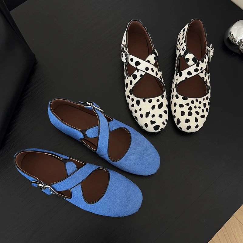 柔软牛筋底个性马毛交叉扣带单鞋女通勤平底舒适圆头浅口玛丽珍鞋