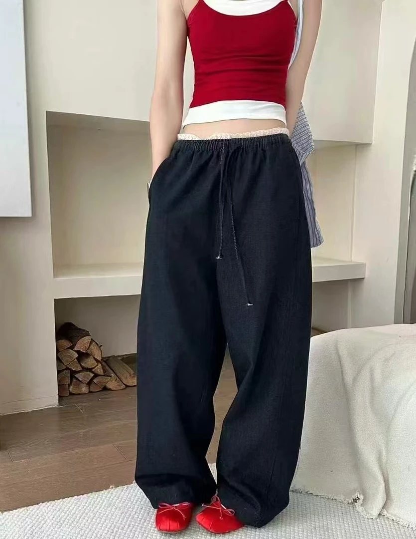 Manmi  高质感蕾丝拼接松紧腰牛仔阔腿裤 3518（K2）