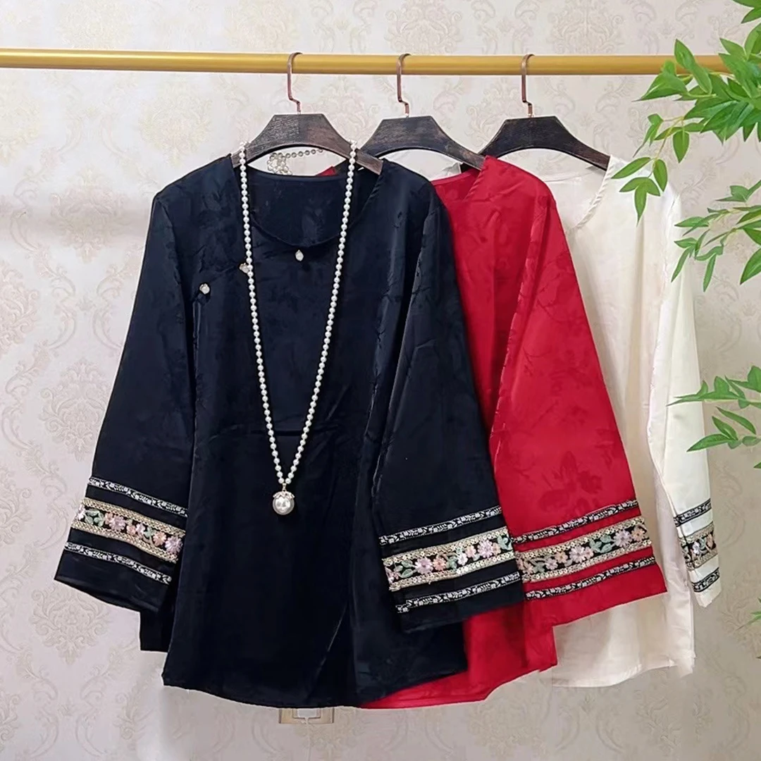 大聪新中式提花缎面复古打底衫胖妹妹宽松显瘦上衣8062