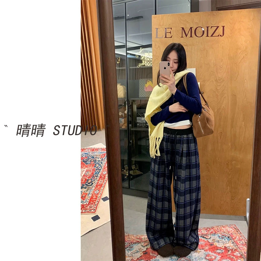 晴晴家-「格纹裤」25年冬韩系时尚休闲慵懒感抽绳格子阔腿裤9056