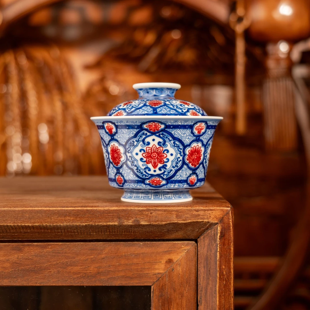 【永明尚玩】锦地万字纹盖碗纯手工青花瓷景德镇陶瓷