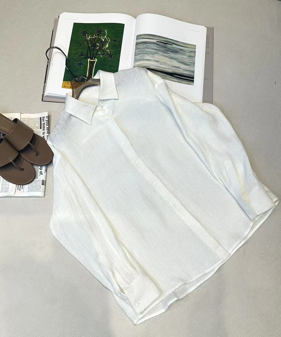 亚薇女装 100％亚麻白衬衫 自带呼吸感松驰慵懒老钱风155-YLM