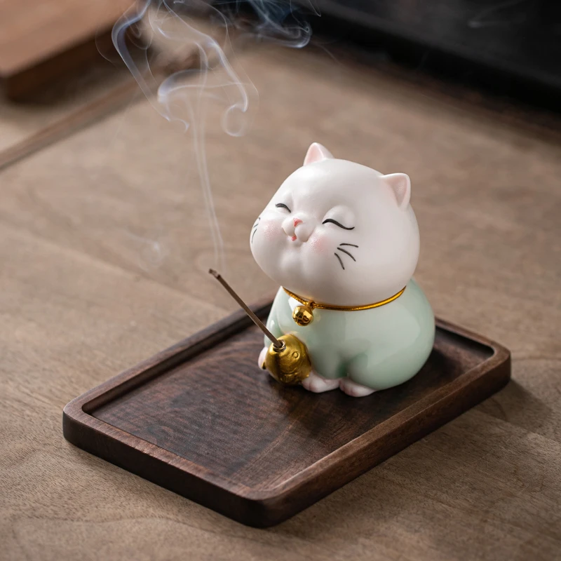 陶瓷可爱小猫咪线香插摆件创意茶桌桌面香薰装饰品招财猫家用摆设