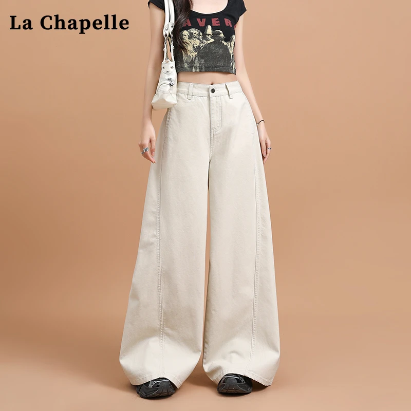 拉夏贝尔美式复古阔腿牛仔裤女春季新款高腰宽松显瘦直筒长裤子女